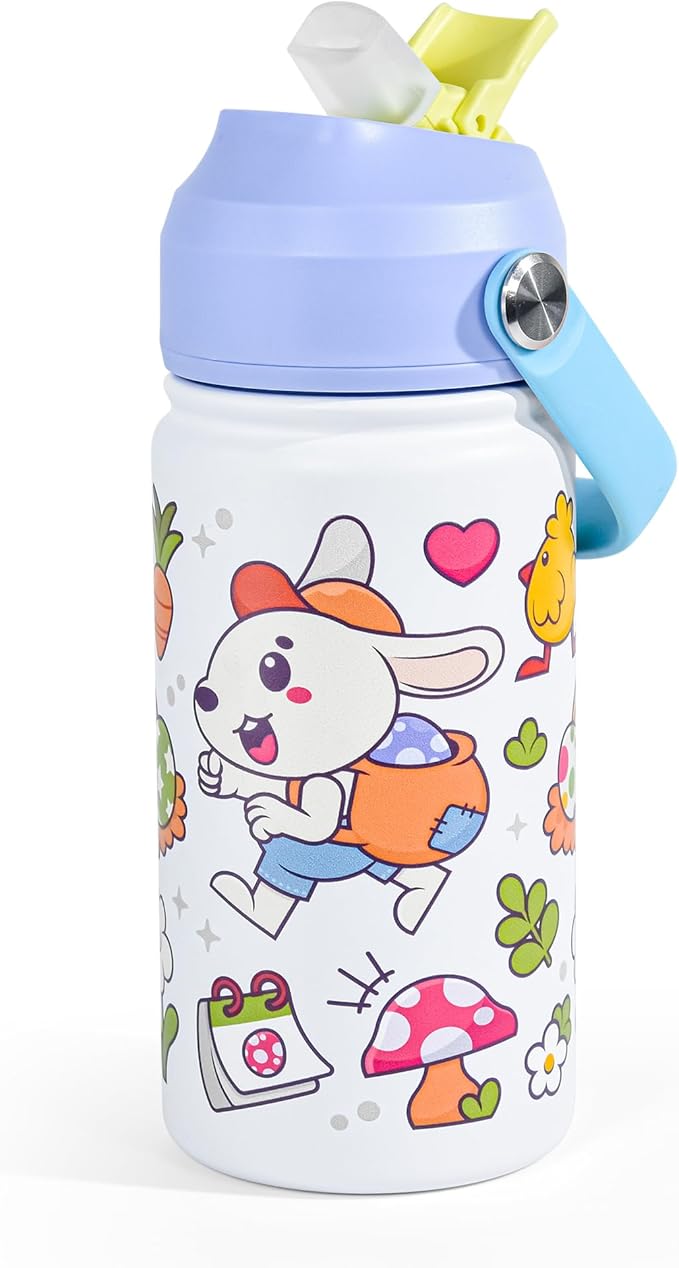 AGH 12oz Stainless Steel Kids Water Bottle with Straw,Double Wall Vacuum Tumbler for Traveling or School - White
