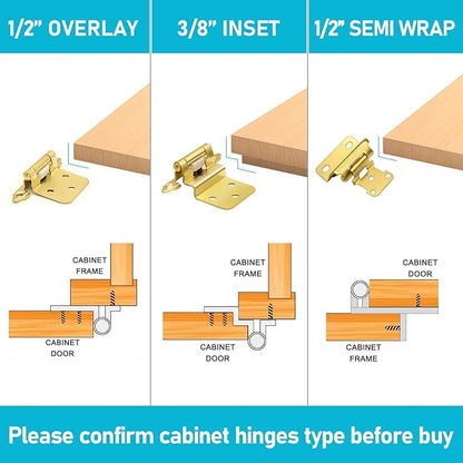 12" Overlay Kitchen Cabinet Door Hinges, 6 Pack (3 Pairs) Brass Gold Self Closing Cabinet Hinge Hardware for Kitchen Cabinet Doors