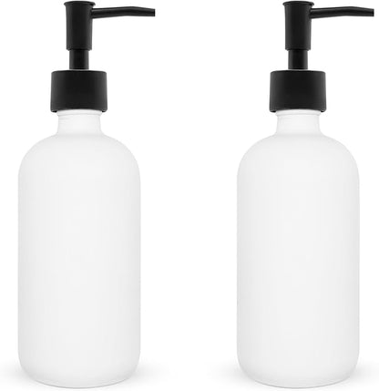 LL Co Soap Dispenser 16 Oz - 2-Pack White Glass Soap Dispenser with Plastic Pump - Durable Liquid Soap Dispensers - Multi-Use Dish, Hand, Lotion Container - Cute Kitchen, Bathroom Soap Bottle Set