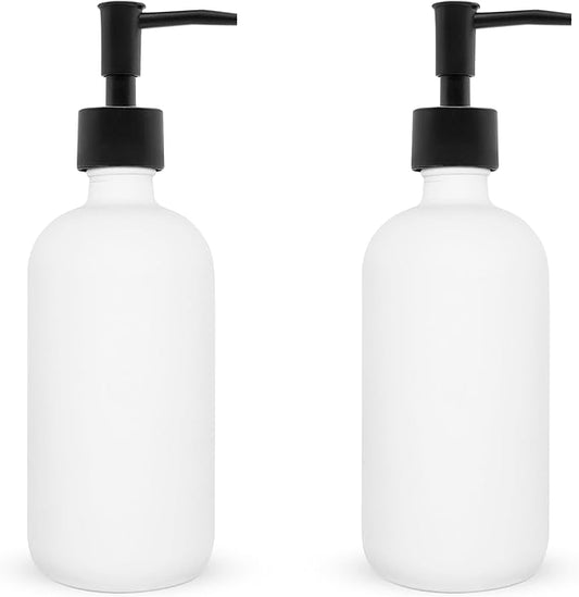 LL Co Soap Dispenser 16 Oz - 2-Pack White Glass Soap Dispenser with Plastic Pump - Durable Liquid Soap Dispensers - Multi-Use Dish, Hand, Lotion Container - Cute Kitchen, Bathroom Soap Bottle Set