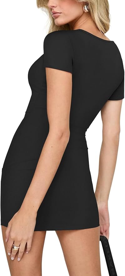 REORIA Womens Sexy Square Neck Bodycon Short Dress Elegant Basic Short Sleeve Ribbed Party Club Mini Dress