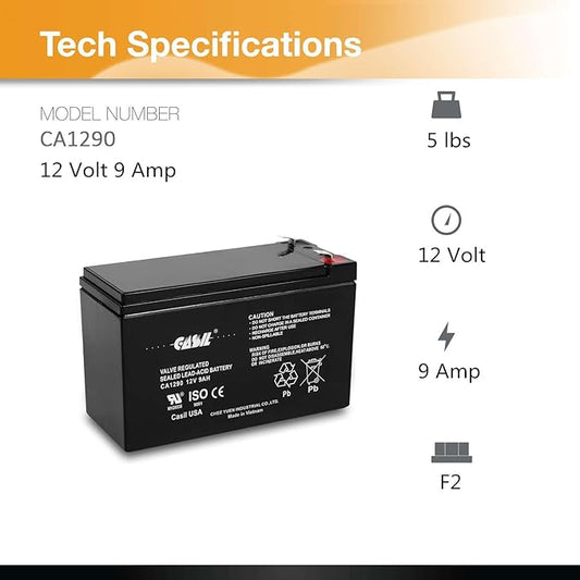 Casil 12v 9ah Rechargeable Sealed Lead Acid AGM Battery, 12 Volt 9ah SLA Battery with F2 Terminal