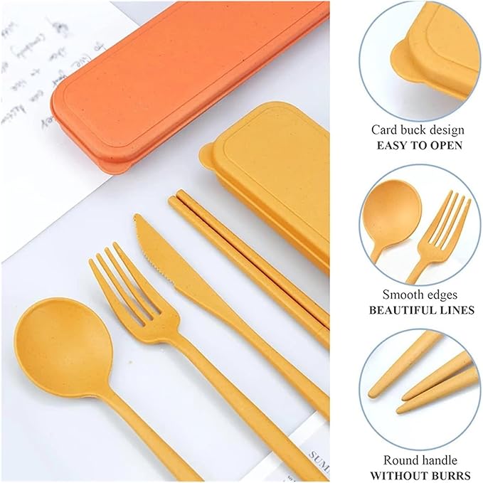 travel utensils 4PCSSet Wheat Straw Knife, Fork, Spoon And Chopsticks Set Students Outdoor Travel Portable Tableware(Orange)