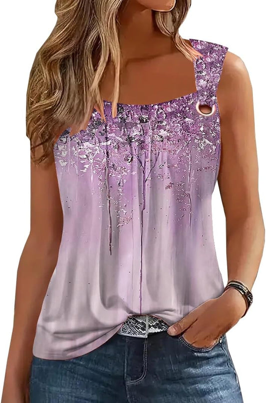 Summer Tank Tops for Women Pleated Square Neck O Ring Shoulder Sleeveless Shirts Casual Loose Fit Trendy Blouses