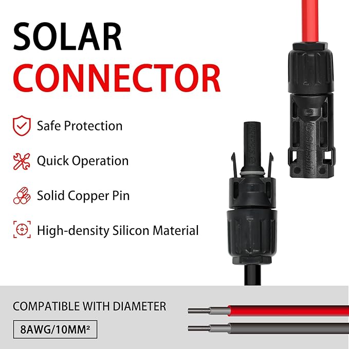 8AWG Solar Panel Connectors IP68 Waterproof 1500V 70A Solid Tinned Copper Terminal Black 5 Pairs for Solar PV Cable(10mm2)