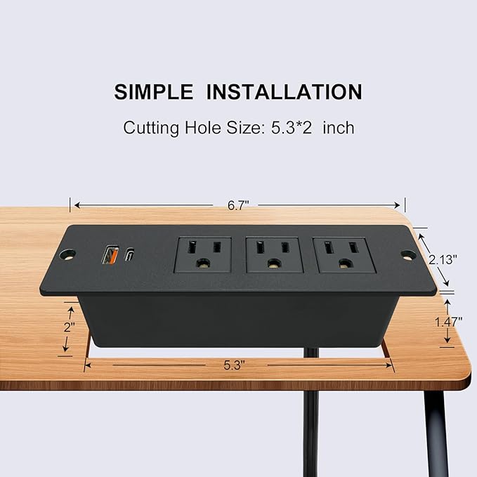 USB C Conference Recessed Power Strip 20W, 3 Outlets 2 USB Fast Charge(PD 20WQC 18W) Mountable Flat Plug 10ft Extension Power Cord for Nightstand Cabinet Sofa Table Couch