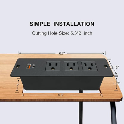 USB C Conference Recessed Power Strip 20W, 3 Outlets 2 USB Fast Charge(PD 20WQC 18W) Mountable Flat Plug 10ft Extension Power Cord for Nightstand Cabinet Sofa Table Couch