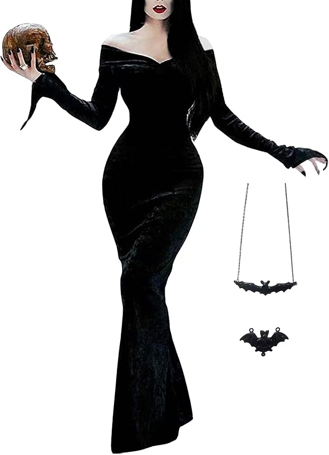 Halloween Addams Costume Dress Adult Women Cosplay Off Shoulder Maxi Long Sleeve Family Party Dresses