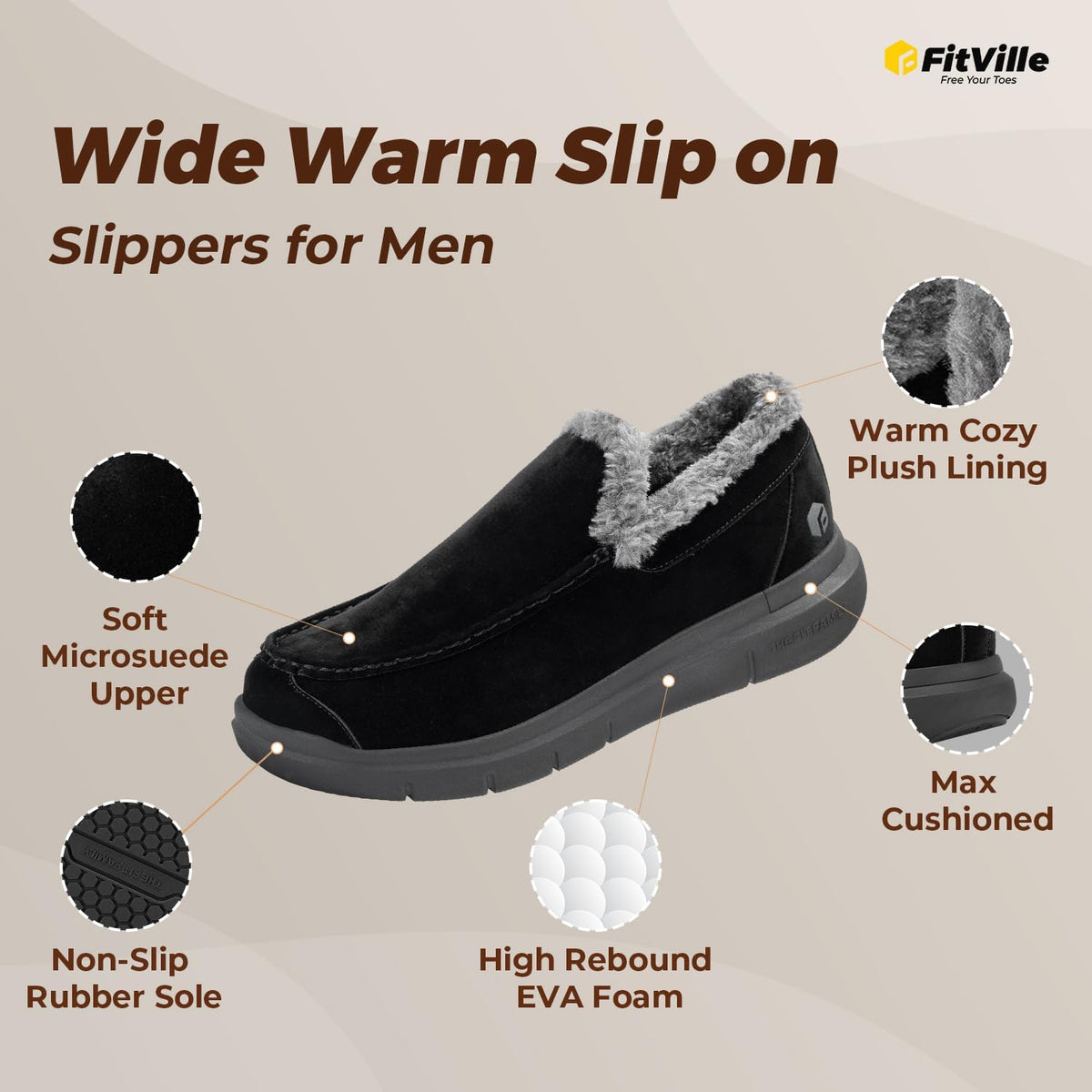 FitVille Extra Wide Men Slippers Slip-on House Slipper Non Slip Orthopedic Winter Shoes for Flat Feet Indoor & Outdoor