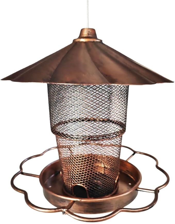 Hanging Bird Feeder with Copper Finish Roof, 15.3 inch Height, Mesh Design, Decorative Flower Base