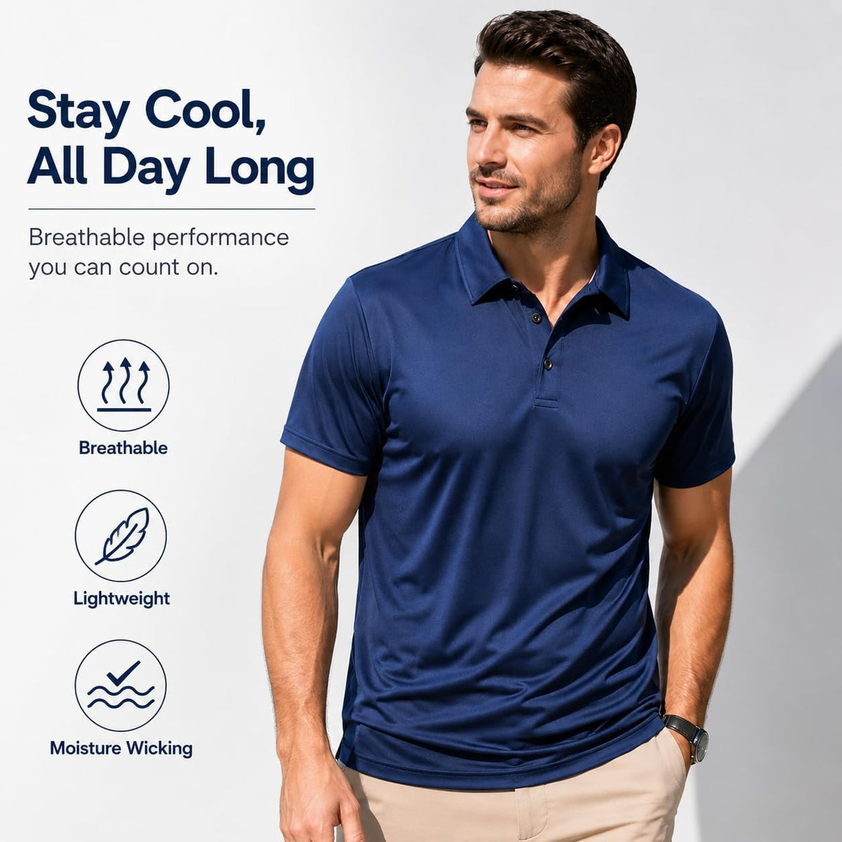 Large, Men's Summer Short Sleeve Polo Shirt, Moisture-Wicking & Breathable, Quick-Dry Polyester Fabric, Casual Business Golf Wear .