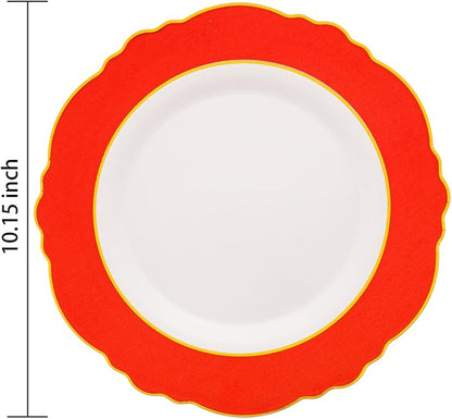 WDF 60pcs Red valentines Plastic Plates Gold Rim - 10.25inch Red Dinner Plates Disposable Plates Table Decor for Christmas Party