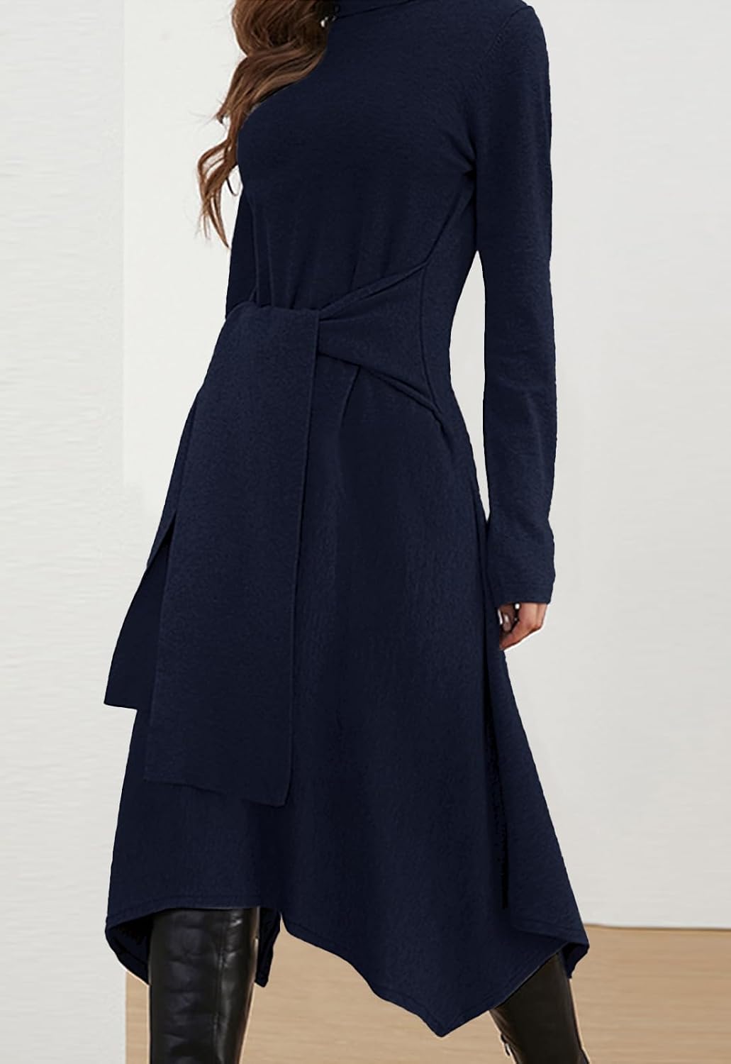 Jayscreate Women's Fall Sweater Dress 2023 Long Sleeve Midi Tie Front A-Line High Waist Winter Business Casual Dress
