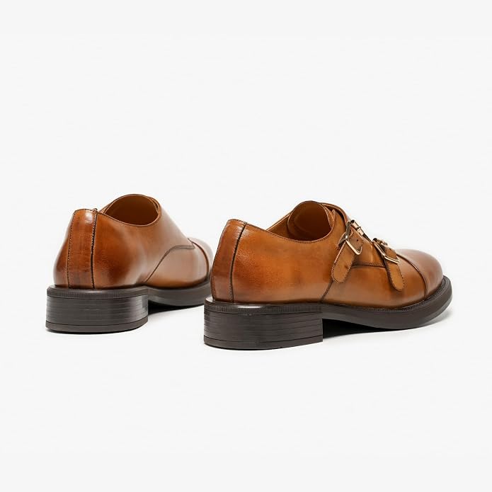 BEAU TODAY Monk Strap Loafers, Womens Leather Loafers, Cap Toe Slip-Ons Waxed Calfskin Loafer Flats for Business Casual Dress Women Shoes