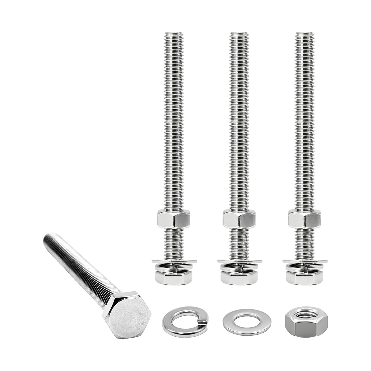 3/8-16 x 5 Hex Bolts Set, 5 Sets 3/8"-16 Thread 5 Inches Long, Hexagon Bolt Nuts, Flat & Lock Washers, Stainless Steel 304 Right Hand Fully Thread Heavy Duty Hex Bolts Assortment Kit