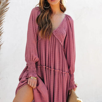 R.Vivimos Long Sleeve V Neck Flowy Maxi Dresses for Women | Lightweight Fabric, Empire Waist, Layered Ruffle Hem, Boho Casual Long Dress, Daily Wear, Beach Vacation Clothes