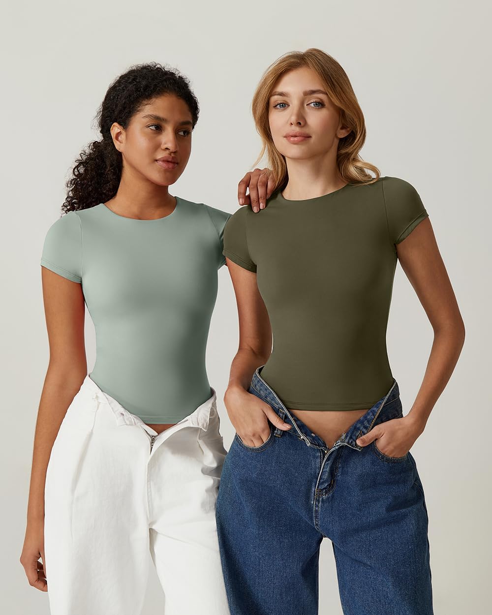 STRIPT, Pistachio Color QINSEN Women's Crew Neck Short Sleeve Tees Double Lined Slim Fit T Shirt Basic Y2K Tops.
