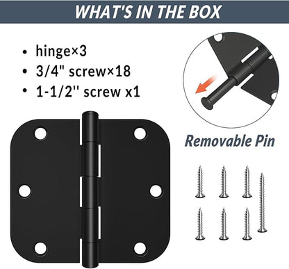 HOSOM Door Hinges 3 Pack Rounded Matte Black Door Hinge 3.5 x 3.5 inch with 58 Radius, Black 3 12 Interior Door Hinges, 3 12"x 3 12" Hardware