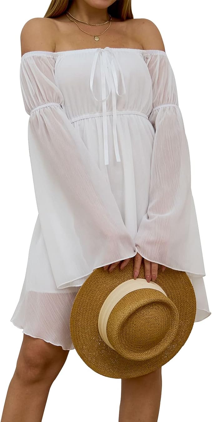 ETATNG Womens Summer Off Shoulder Bell Sleeve Lace Up High Waist Party Travel Irregular Mini A Line Dress