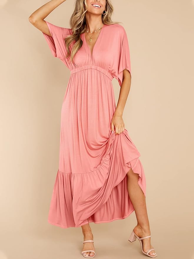 DEEP SELF Women’s Summer V Neck Batwing Short Sleeve Maxi Dress Casual Loose High Waist Flowy Long Beach Dress