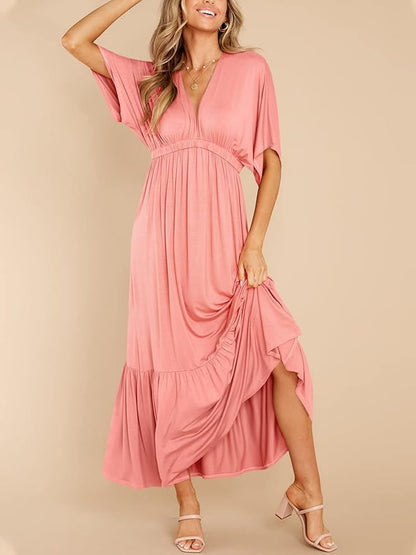 DEEP SELF Women’s Summer V Neck Batwing Short Sleeve Maxi Dress Casual Loose High Waist Flowy Long Beach Dress