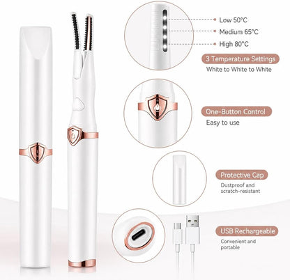 Heated Eyelash Curler for Women – 10s Fast Heat, 3 Adjustable Temp (60°C-80°C), 24H Hold Eyelash Curler for Travel Makeup Tool Gift, Black