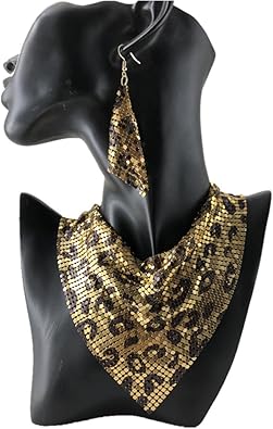 SIQITECHNO Shiny Metal Triangular Scarf Necklace with Earrings Set Metal Sequins Choker Necklace Adjustable Metal Mesh Statement Necklace Sequins Collar for Women