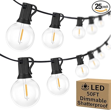 50FT Outdoor G40 LED Globe String Lights Dimmable Waterproof Shatterproof Light Strings with 25 Bulbs Connectable Commercial Hanging Lights for Christmas Patio House Backyard Balcony Party