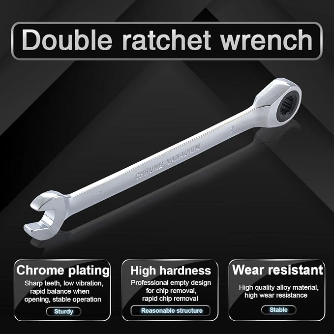 KATUR 7mm Fixed Ratcheting Wrench and Handle Spanners Hand Tools Set Chrome Vanadium Steel Metric Combination Ended Standard Kit (7mm)