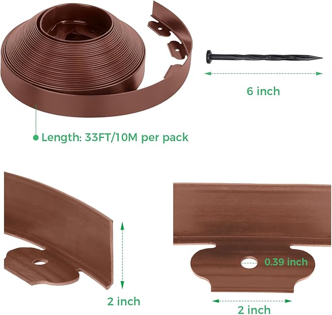 2 Inch x 66FT Landscape Edging Border with 100 Spikes, Garden Edging Lawn Edging Border Kit, Plastic Edging Border Flexible for Garden Flower Beds Lawn Yard Pathway (Brown)
