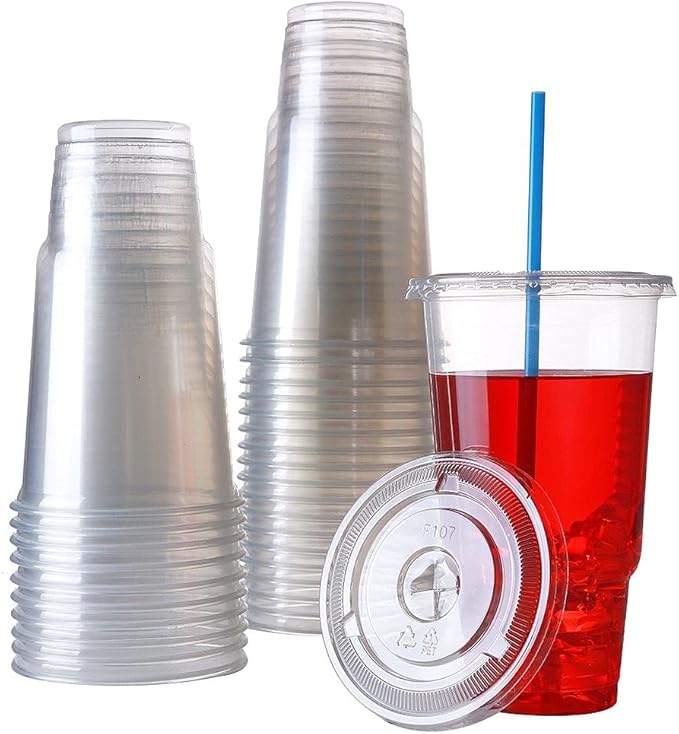 Disposable 32 oz clear Plastic Cups with Flat Lids with x hole,50 sets