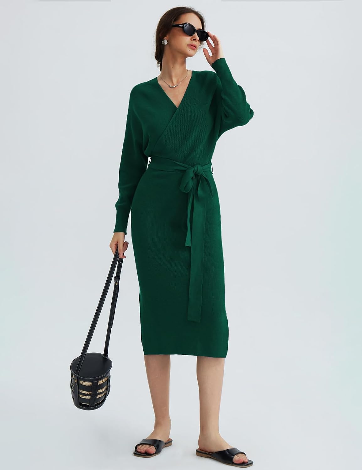 CHERFLY Women's V Neck Sweater Dresses Batwing Long Sleeve Backless Bodycon Long Dress with Belt .