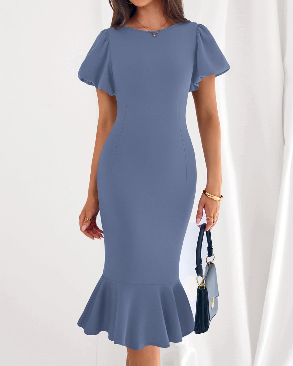 BTFBM Women Formal Wedding Guest Cocktail Dresses 2026 Short Sleeve Ruffle Mermaid Work Bodycon Elegant Midi Summer Dress .