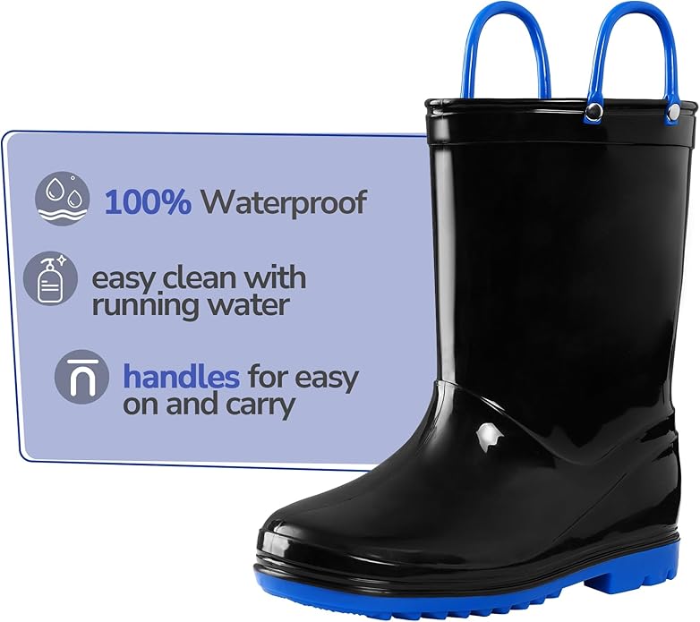 K KomForme Girls Boys Rain Boots Waterproof with Easy on Handles for ToddlerLittle KidBig Kid