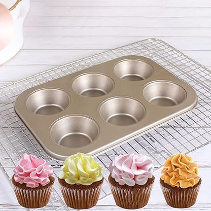 Mini Bund Cake Pan, 6-Cavity Fluted Tube Cake Pan Brownie Bowl Pan Small Round Cake Mold Shortcake Pan for Fall Baking Thanksgiving Bavarois Carbon Steel Cake Pan, Gold