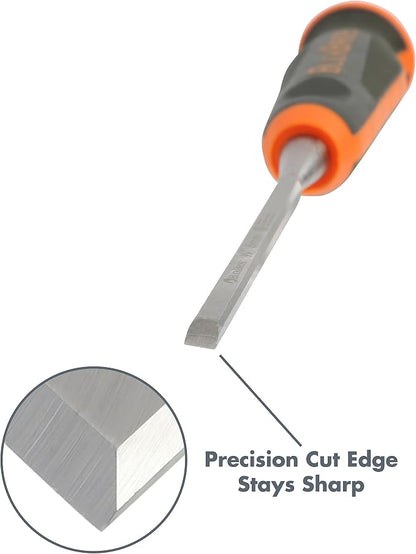 74711 Wood Chisel 1/4 Inch, For Trim, Carving, and Detail Work, Comfort Grip Handle, Resharpenable High Carbon Steel Blade, Mallet-Safe Design for Carpentry and Wood Working