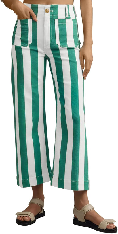 Tankaneo Womens Cropped Striped Jeans Casual High Waisted Stretchy Polka Dots Straight Leg Denim Pants with Pockets