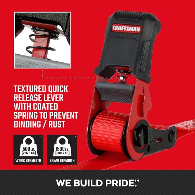 CRAFTSMAN CMXAZBS15004 Black/Red 1" x 12' Ratchet Tie Down Straps - Light/Mid-Weight Duty (1500 lb Break Strength), 1 Pack