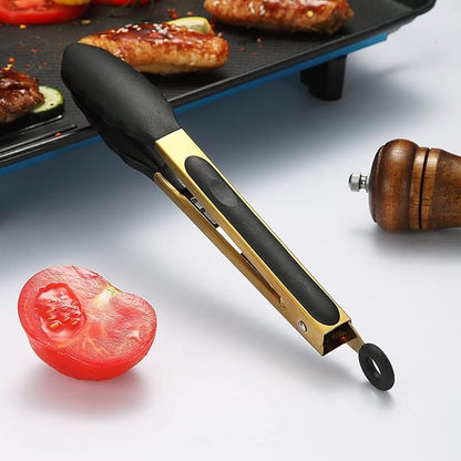 Kitchen Tongs for Cooking Grill  BBQ, Kyraton Stainless Steel 9" Cooking Tongs Heat Resistant Handle Non Slip, Kitchen Tongs with Silicon Tips for Salad,Ice,Fry, Serving,Oven. (Gold)
