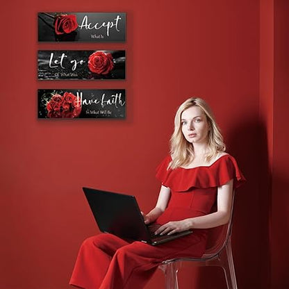 3 Pcs Red Decor Flower Inspirational Wooden Wall Art Red Roses Decor Office Wall Decor with Accept Let Go Have Faith Positive Quotes for Girl Women Bathroom Living Room Bedroom(Red Rose12 x 4 Inch)