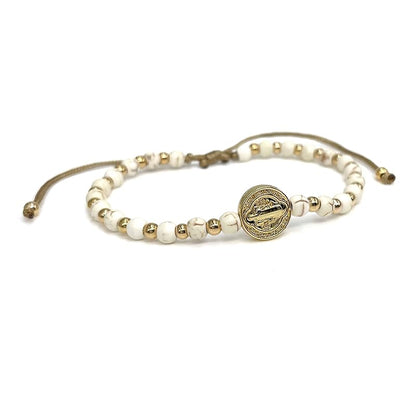 St Benedict Coin and Natural Round White Turquoise Beads Adjustable Bracelet for Women (Beige)
