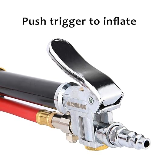 MEASUREMAN Heavy Duty Bayonet Style Tire Inflator, Aluminum Body, 20" Red Hose, Clip On Air Chuck, Aluminum Slide, Range 10-130psikpa