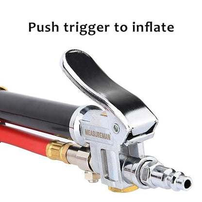 MEASUREMAN Heavy Duty Bayonet Style Tire Inflator, Aluminum Body, 20" Red Hose, Clip On Air Chuck, Aluminum Slide, Range 10-130psikpa