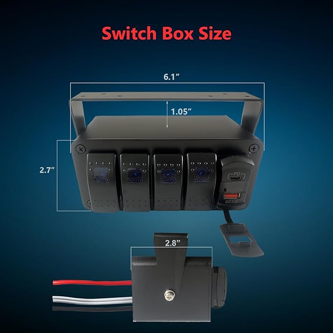 4 Gang Marine Boat Rocker Switch Box 12V SPST Aluminum Rocker Switch Panel PD Type C and QC 3.0 USB Charger Voltmeter Waterproof Switch with Panel DIY Stickers for RVs Boats Trucks