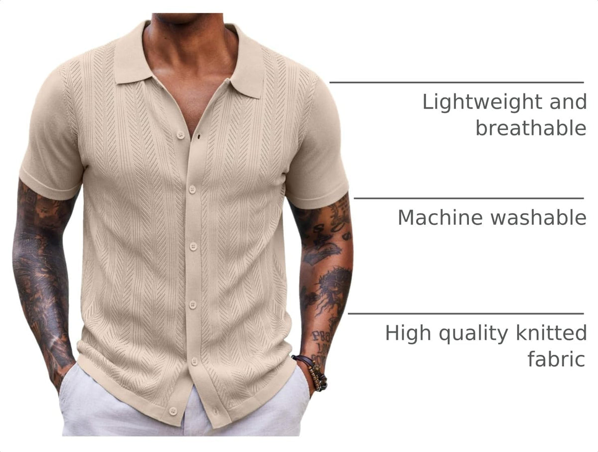 COOFANDY Men's Knit Shirt Short Sleeve Button Down Shirts Vintage Casual Summer Beach Shirts