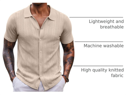 COOFANDY Men's Knit Shirt Short Sleeve Button Down Shirts Vintage Casual Summer Beach Shirts