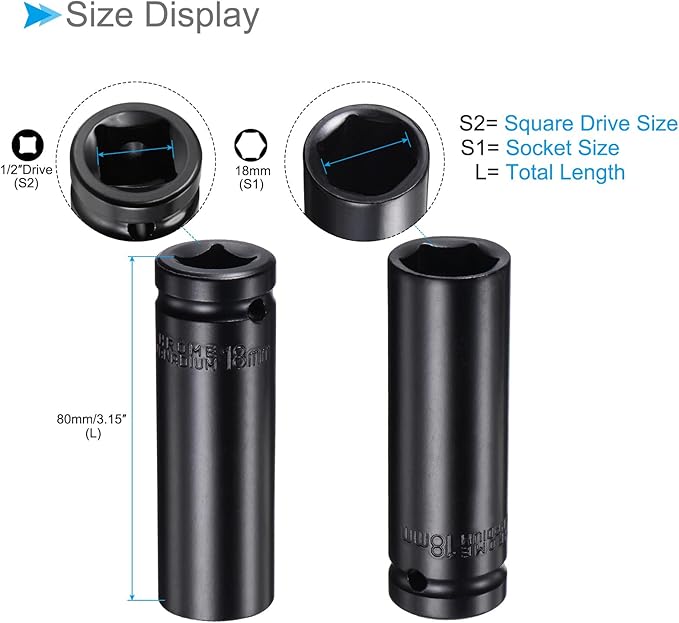 Deep Impact Socket, 12" Drive 18mm Socket, CR-V Steel Rounded Corner Design 6-Point Deep Impact Socket - (Applications: for Screw Removal)