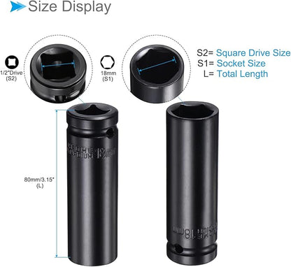 Deep Impact Socket, 12" Drive 18mm Socket, CR-V Steel Rounded Corner Design 6-Point Deep Impact Socket - (Applications: for Screw Removal)