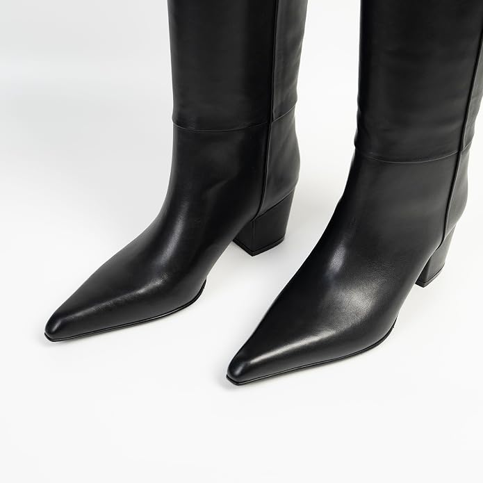 PECHORL Genuine Leather Knee High Boot Pointed Toe Chunky Heel | Classic Fashion Long Tall Boots Wide Calf Pull On Pointed Toe Block Heeled Elegant Comfortable Party Dress Shoes