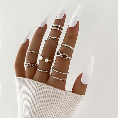9x Bohemian Finger Ring Adjustable Band Ring Pearl Open Ring Silver Stackable Ring for Party Dress Accessory Birthday